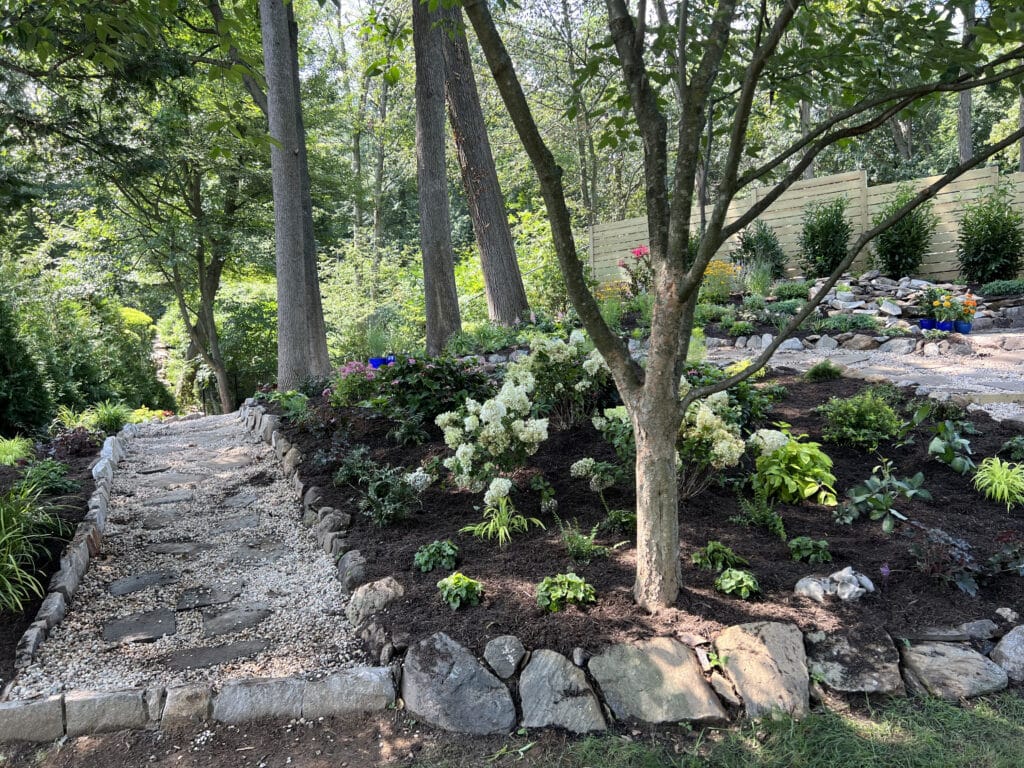 Landscape design gravel path in shade garden