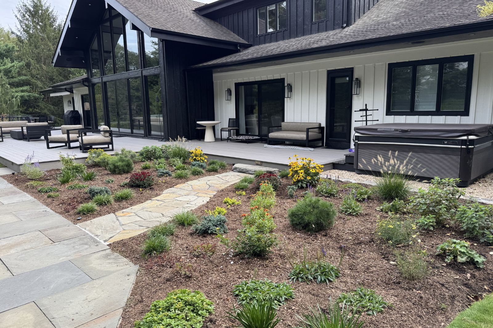 Backyard Deck Enhanced with Perennials in Harrison NY